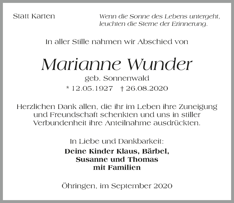  Traueranzeige für Marianne Wunder vom 24.09.2020 aus GESAMT