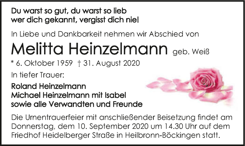  Traueranzeige für Melitta Heinzelmann vom 05.09.2020 aus GESAMT