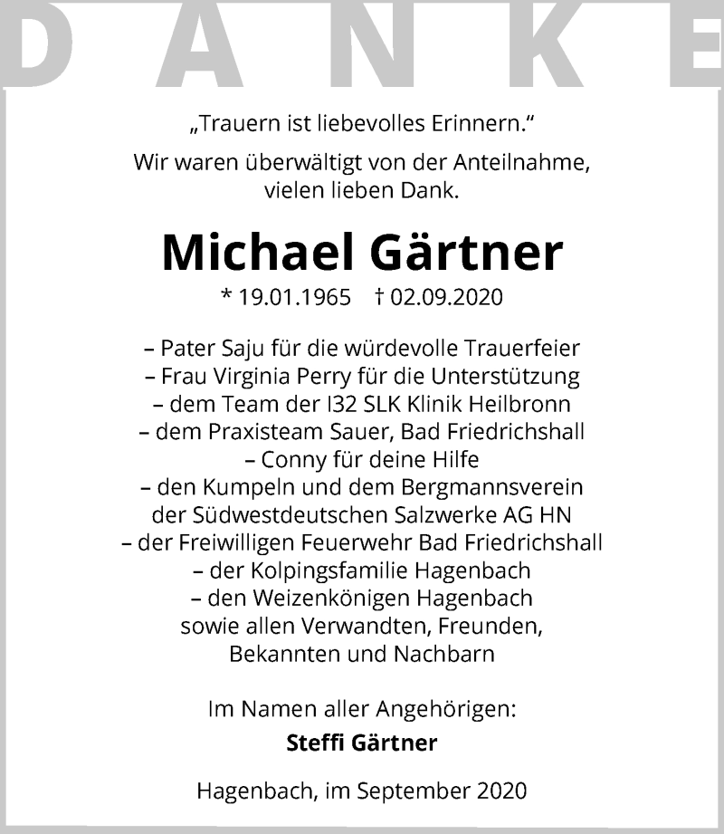  Traueranzeige für Michael Gärtner vom 23.09.2020 aus GESAMT