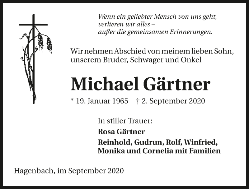  Traueranzeige für Michael Gärtner vom 08.09.2020 aus GESAMT