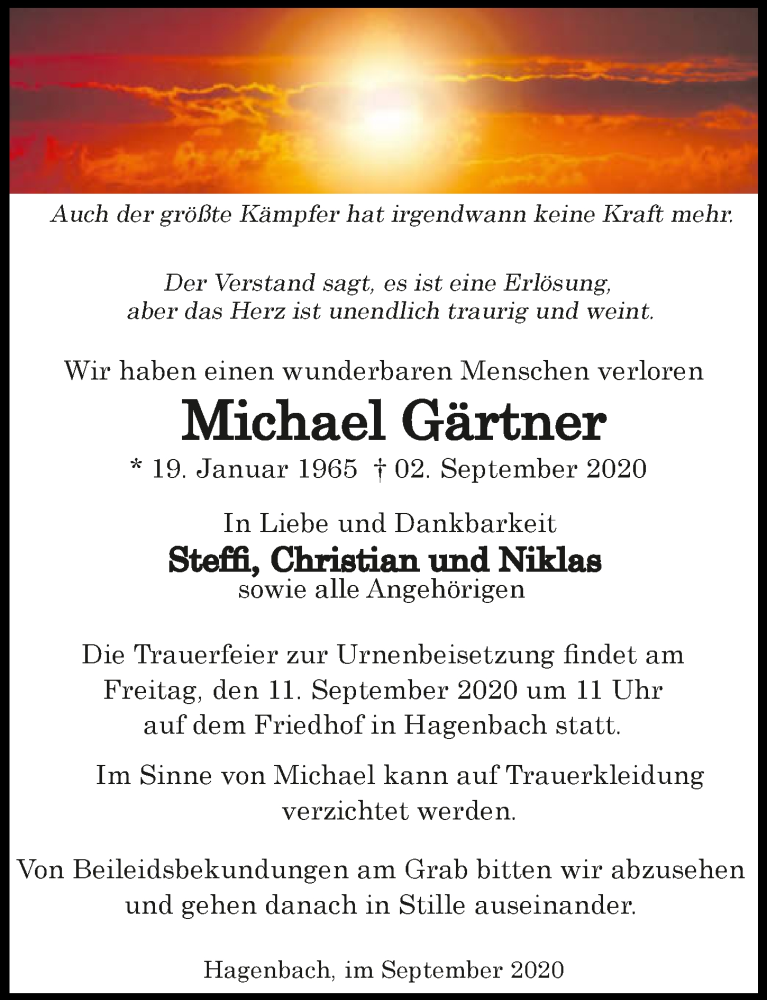  Traueranzeige für Michael Gärtner vom 08.09.2020 aus GESAMT