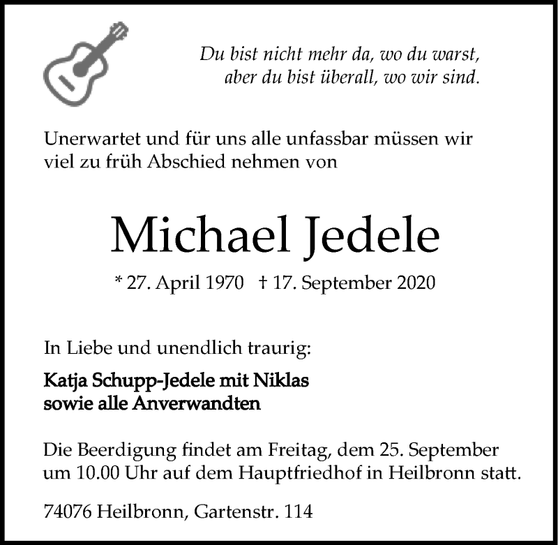  Traueranzeige für Michael Jedele vom 22.09.2020 aus GESAMT