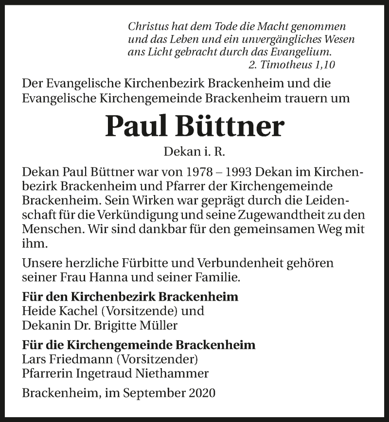  Traueranzeige für Paul Büttner vom 08.09.2020 aus GESAMT