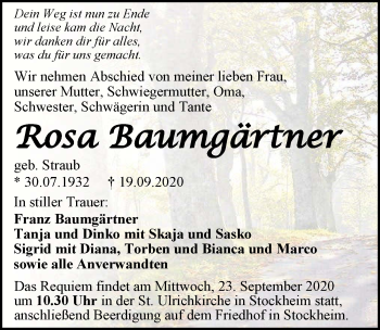 Traueranzeige von Rosa Baumgärtner von GESAMT