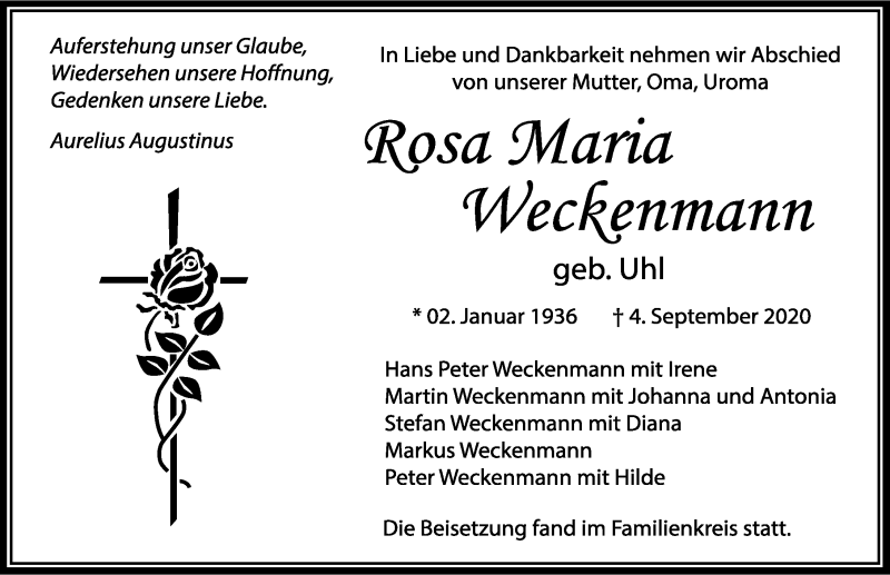  Traueranzeige für Rosa Maria Weckenmann vom 19.09.2020 aus GESAMT