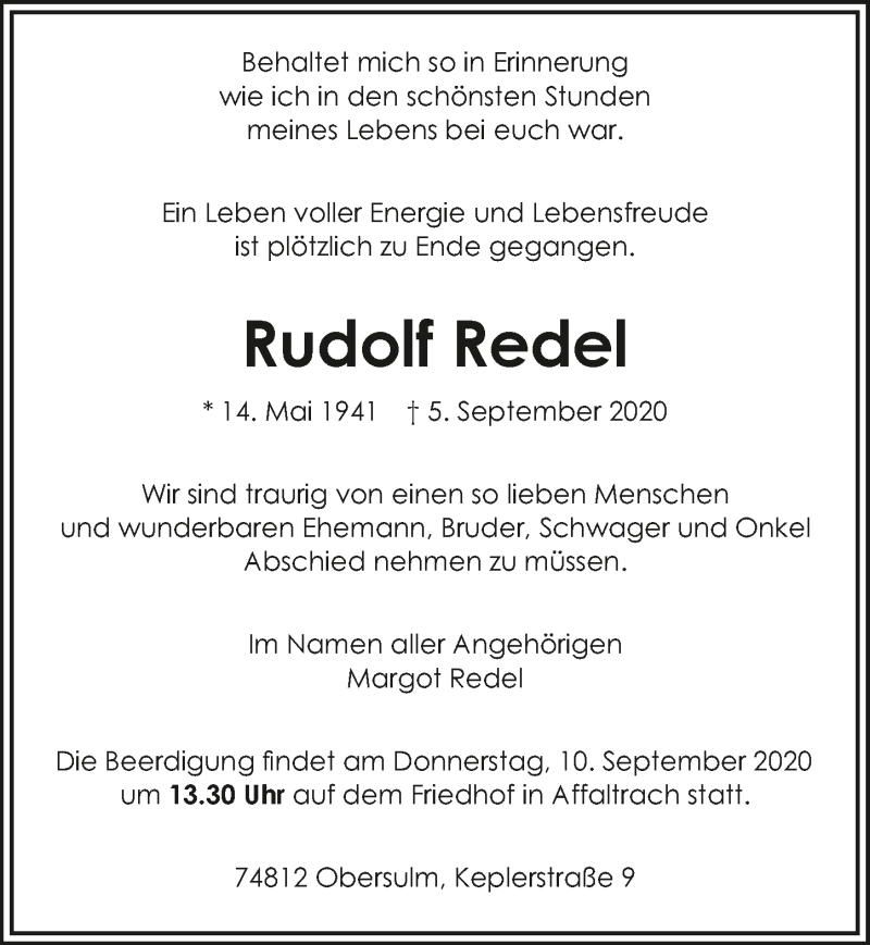  Traueranzeige für Rudolf Redel vom 08.09.2020 aus GESAMT