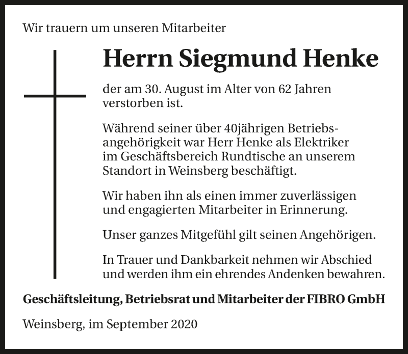  Traueranzeige für Siegmund Henke vom 03.09.2020 aus GESAMT