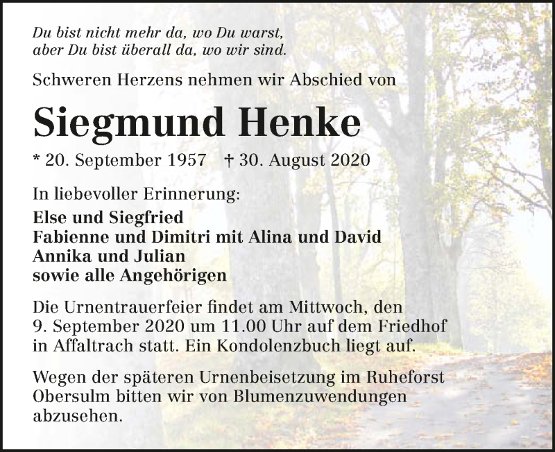  Traueranzeige für Siegmund Henke vom 03.09.2020 aus GESAMT