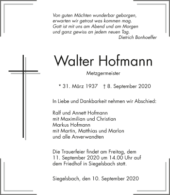 Traueranzeige von Walter Hofmann von GESAMT