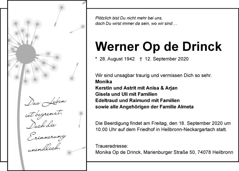  Traueranzeige für Werner Op de Drinck vom 15.09.2020 aus GESAMT