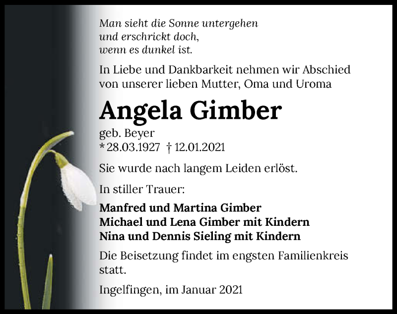  Traueranzeige für Angela Gimber vom 16.01.2021 aus GESAMT