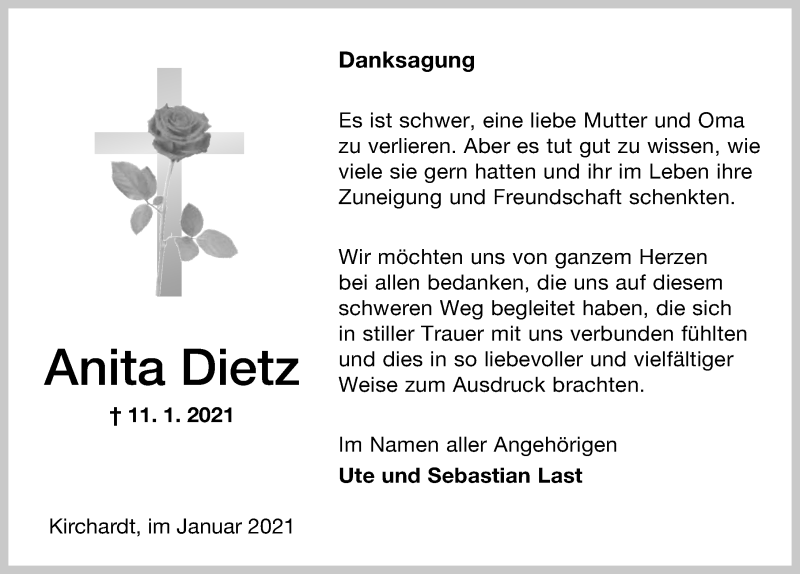 Traueranzeige für Anita Dietz vom 30.01.2021 aus GESAMT