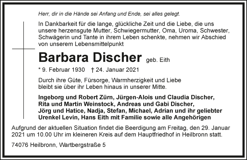  Traueranzeige für Barbara Discher vom 27.01.2021 aus GESAMT