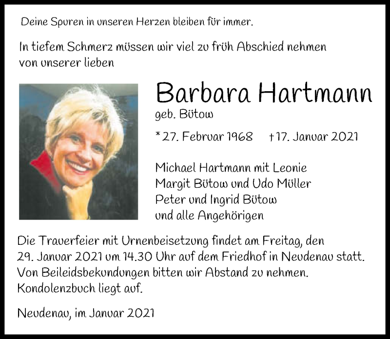  Traueranzeige für Barbara Hartmann vom 26.01.2021 aus GESAMT
