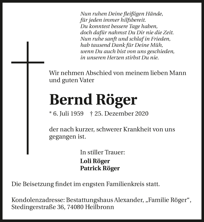  Traueranzeige für Bernd Röger vom 02.01.2021 aus GESAMT