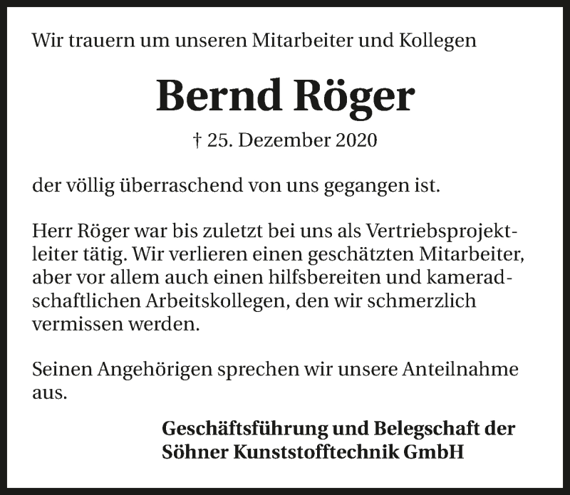  Traueranzeige für Bernd Röger vom 02.01.2021 aus GESAMT