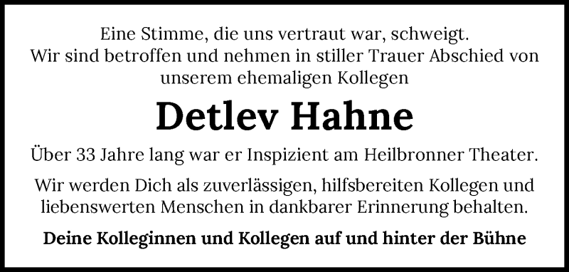  Traueranzeige für Detlev Hahne vom 23.01.2021 aus GESAMT