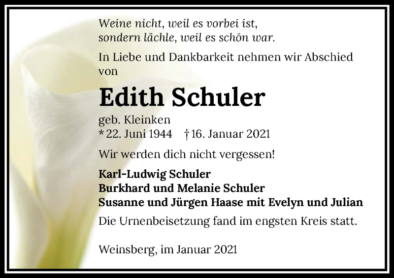  Traueranzeige für Edith Schuler vom 30.01.2021 aus GESAMT
