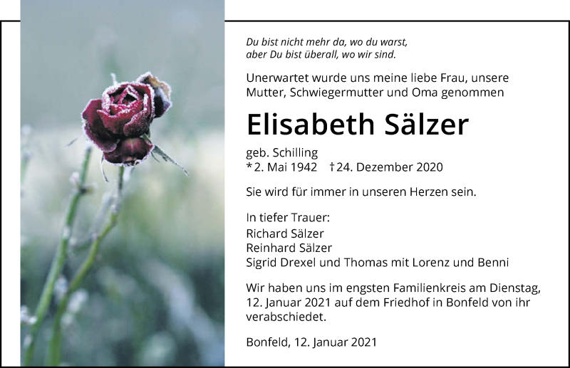  Traueranzeige für Elisabeth Sälzer vom 16.01.2021 aus GESAMT