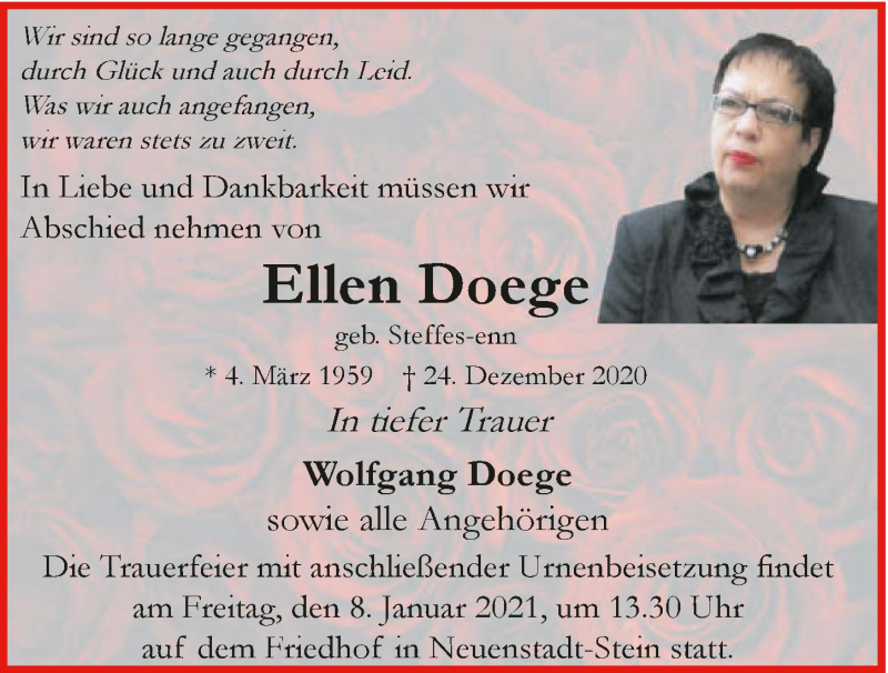  Traueranzeige für Ellen Doege vom 02.01.2021 aus GESAMT