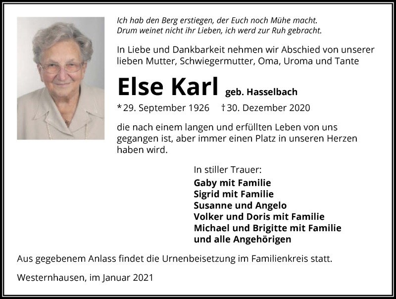  Traueranzeige für Else Karl vom 09.01.2021 aus GESAMT