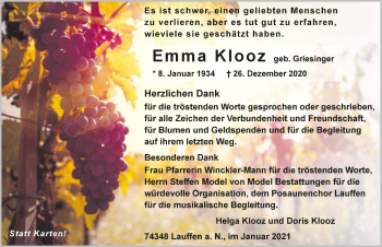 Traueranzeige von Emma Klooz von GESAMT