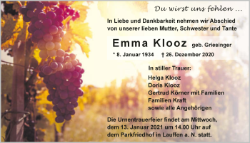 Traueranzeige von Emma Klooz von GESAMT