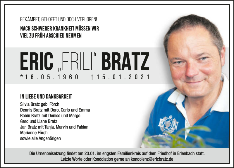  Traueranzeige für Eric Bratz vom 20.01.2021 aus GESAMT
