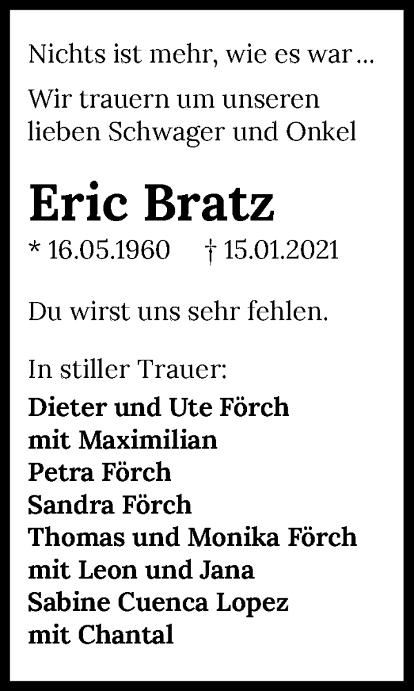  Traueranzeige für Eric Bratz vom 20.01.2021 aus GESAMT