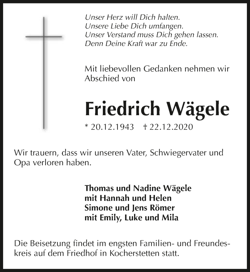  Traueranzeige für Friedrich Wägele vom 02.01.2021 aus GESAMT