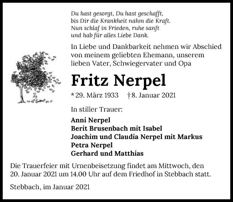  Traueranzeige für Fritz Nerpel vom 18.01.2021 aus GESAMT