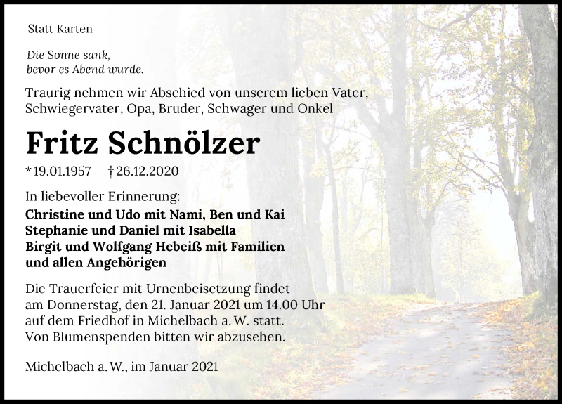  Traueranzeige für Fritz Schnölzer vom 14.01.2021 aus GESAMT