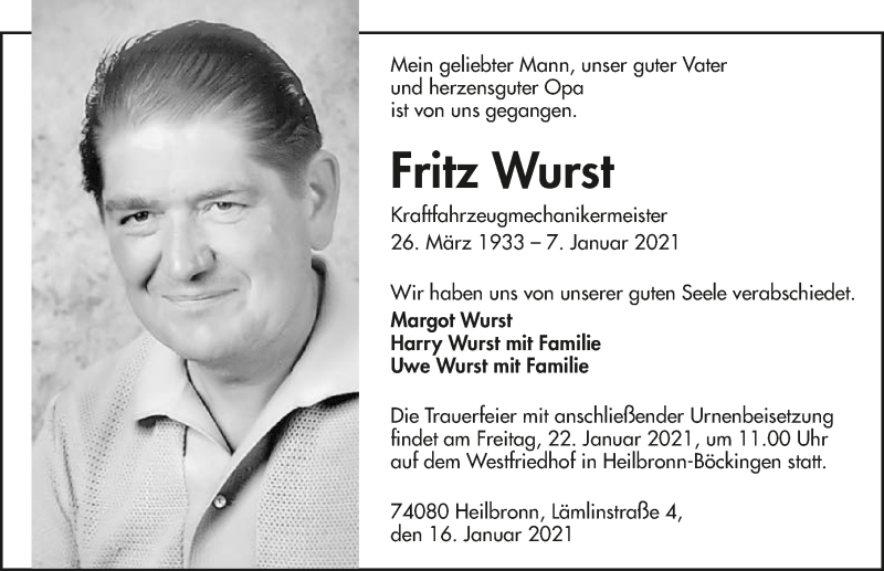  Traueranzeige für Fritz Wurst vom 16.01.2021 aus GESAMT
