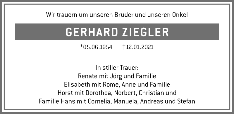  Traueranzeige für Gerhard Ziegler vom 16.01.2021 aus GESAMT