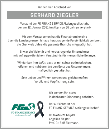 Traueranzeige von Gerhard Ziegler von GESAMT