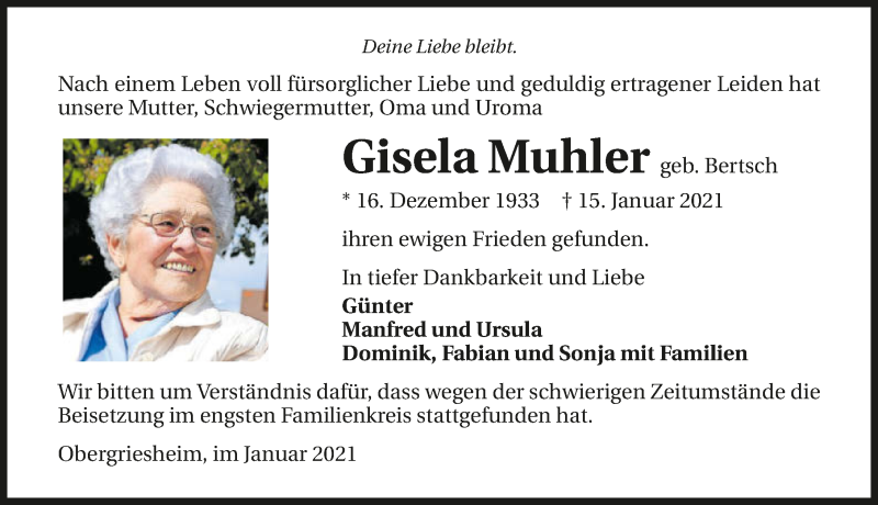  Traueranzeige für Gisela Muhler vom 23.01.2021 aus GESAMT