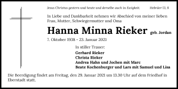 Traueranzeige von Hanna Minna Rieker von GESAMT