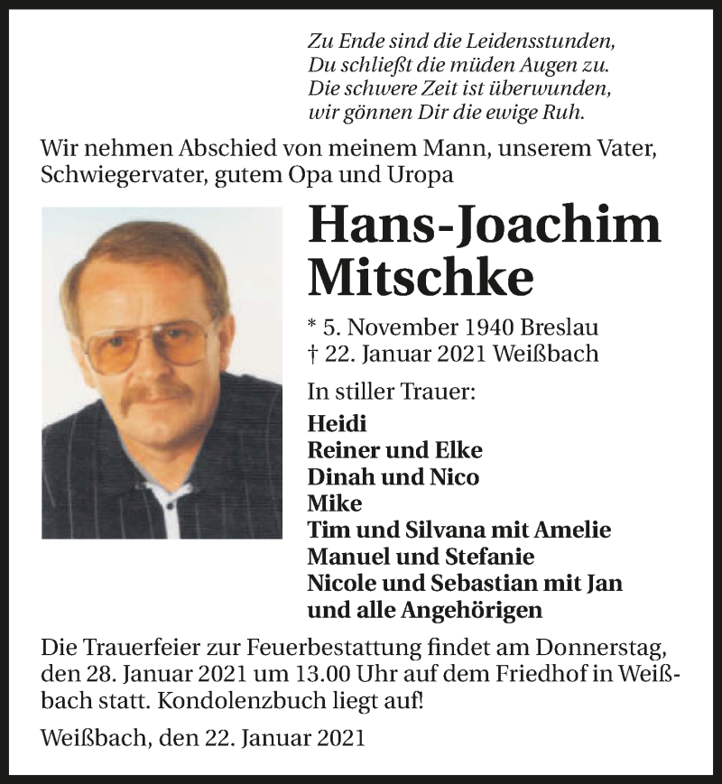  Traueranzeige für Hans-Joachim Mitschke vom 26.01.2021 aus GESAMT
