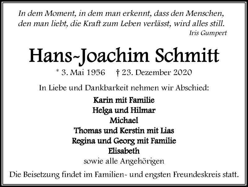  Traueranzeige für Hans-Joachim Schmitt vom 02.01.2021 aus GESAMT