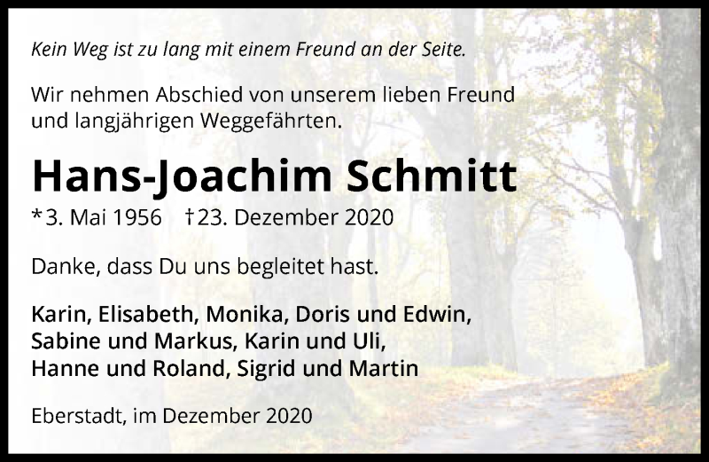  Traueranzeige für Hans-Joachim Schmitt vom 02.01.2021 aus GESAMT
