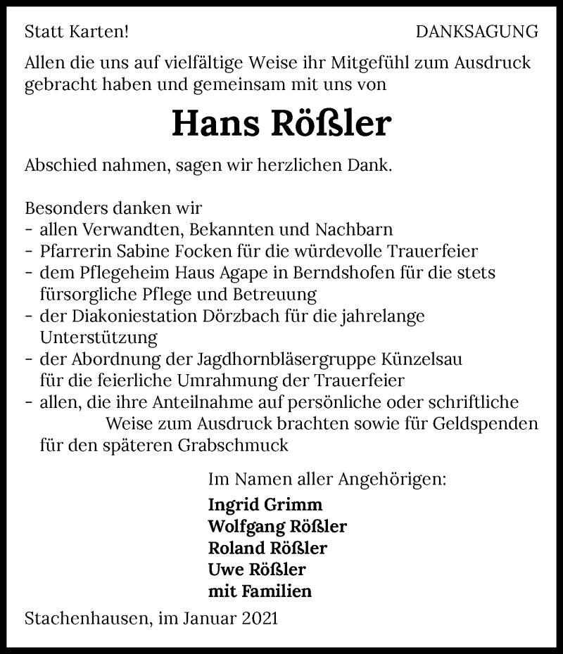  Traueranzeige für Hans Rößler vom 19.01.2021 aus GESAMT