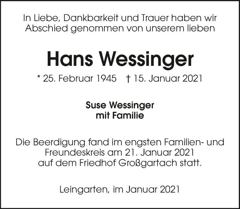  Traueranzeige für Hans Wessinger vom 23.01.2021 aus GESAMT