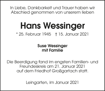 Traueranzeige von Hans Wessinger von GESAMT