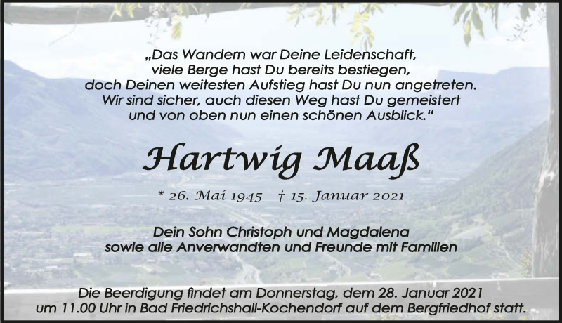  Traueranzeige für Hartwig Maaß vom 23.01.2021 aus GESAMT