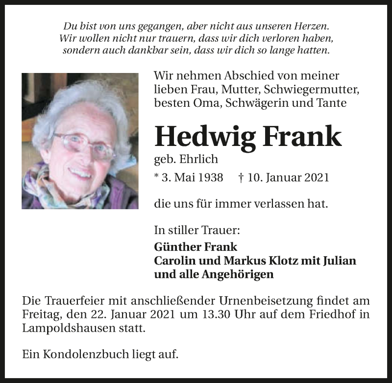  Traueranzeige für Hedwig Frank vom 20.01.2021 aus GESAMT