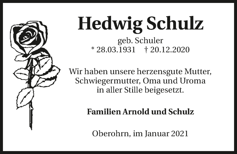  Traueranzeige für Hedwig Schulz vom 09.01.2021 aus GESAMT