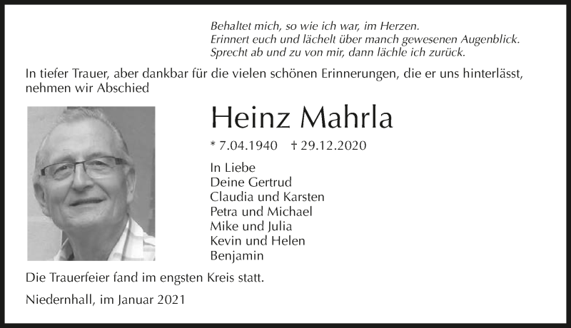 Traueranzeigen von Heinrich Mahrla | www.trauerundgedenken.de