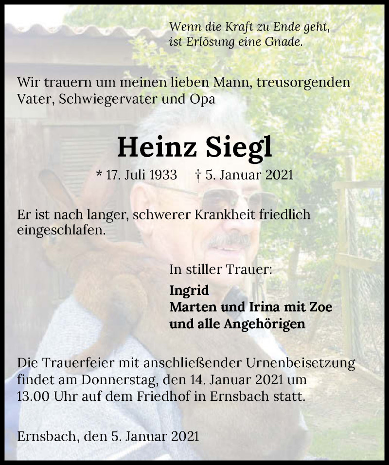  Traueranzeige für Heinz Siegl vom 12.01.2021 aus GESAMT