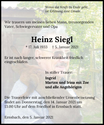 Traueranzeige von Heinz Siegl von GESAMT
