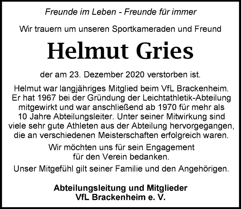  Traueranzeige für Helmut Gries vom 05.01.2021 aus GESAMT